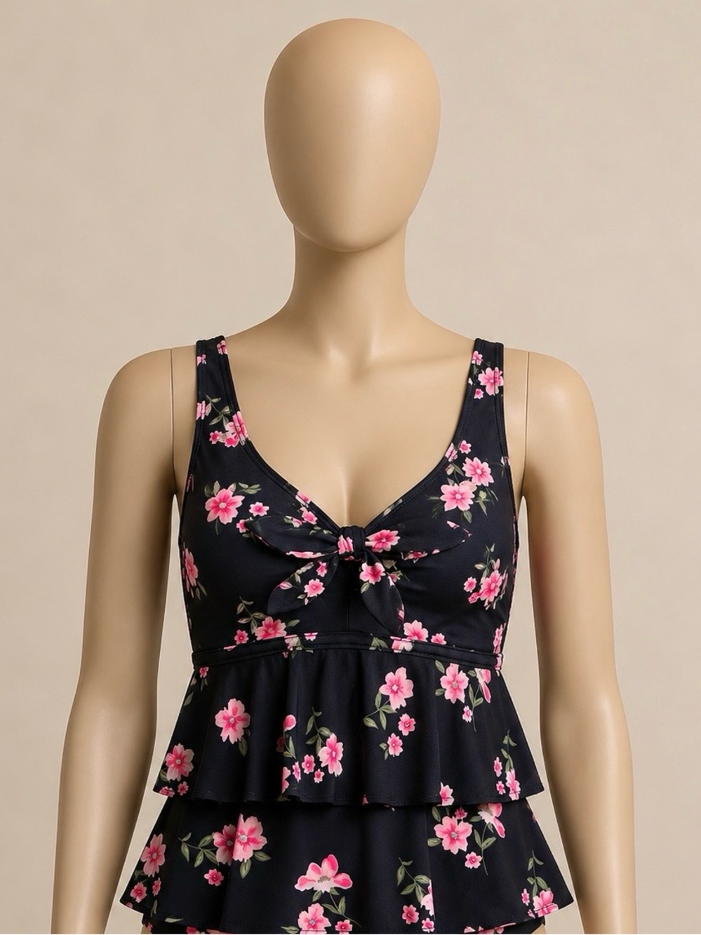 Girls black Floral Tiered Ruffle Swim Top - Pink Blossom Print